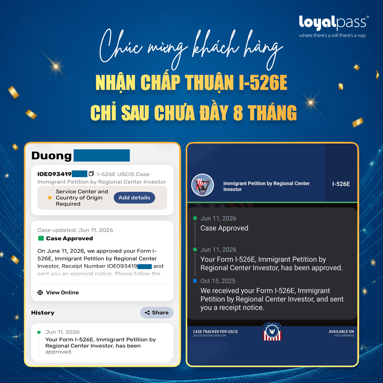 Chúc mừng khách hàng Loyalpass nhận chấp thuận I-526E chỉ sau chưa đầy 8 tháng!